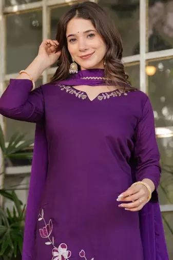 Wine viscose rayon heavy thread embroidery work kurta pant set