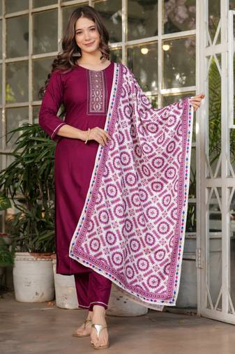 Maroon rayon heavy thread embroidery work with printed dupatta kurta pant set