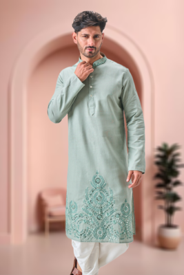 Green linen embroidery dhoti kurta set 3
