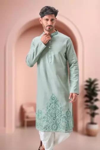 Green linen embroidery dhoti kurta set