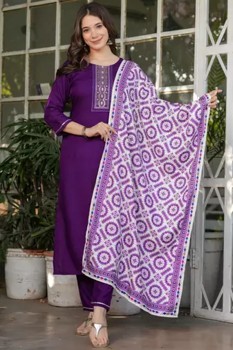 Wine rayon heavy thread embroidery work with printed dupatta kurta pant set