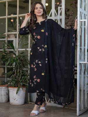 Black silk blend printed kurta pant set 1
