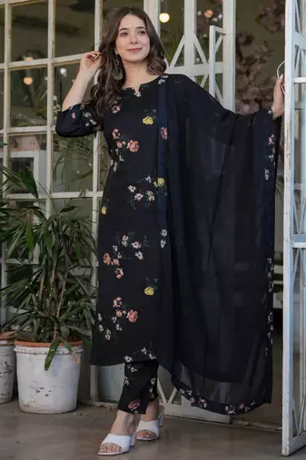 Black silk blend printed kurta pant set