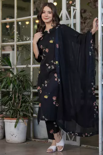 Black silk blend printed kurta pant set