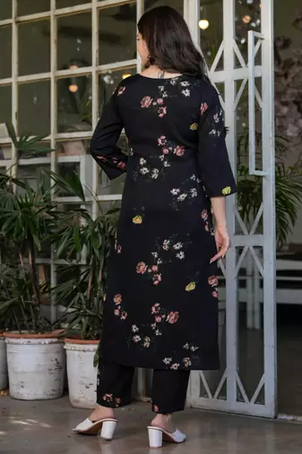 Black silk blend printed kurta pant set
