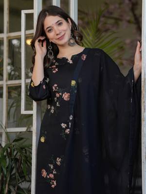 Black silk blend printed kurta pant set 4