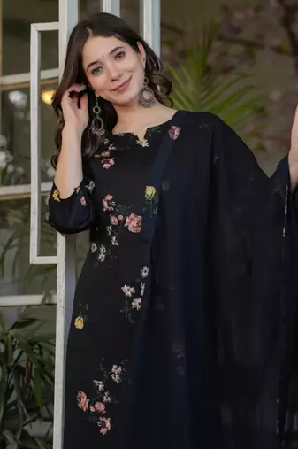Black silk blend printed kurta pant set