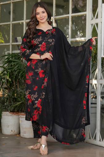 Black silk blend printed kurta pant set