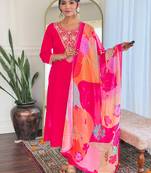 Gajri viscose chanderi heavy thread embroidery work with printed dupatta kurta pant set