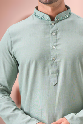 Green linen embroidery dhoti kurta set 4