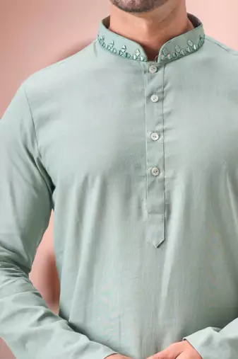 Green linen embroidery dhoti kurta set