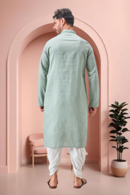 Green linen embroidery dhoti kurta set 5