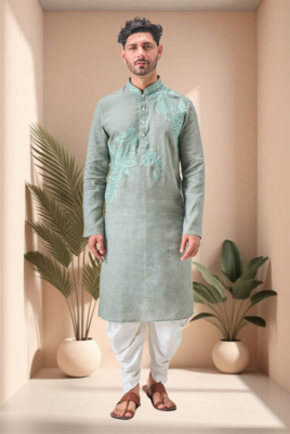 Green linen embroidery dhoti kurta set 1