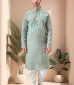 Green linen embroidery dhoti kurta set