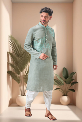 Green linen embroidery dhoti kurta set 3