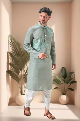 Green linen embroidery dhoti kurta set