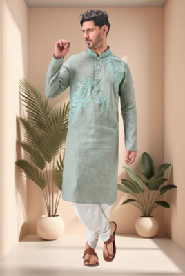 Green linen embroidery dhoti kurta set 4