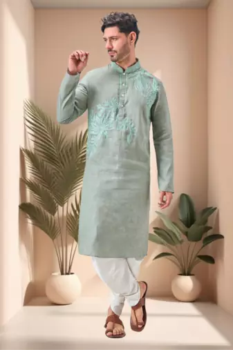 Green linen embroidery dhoti kurta set