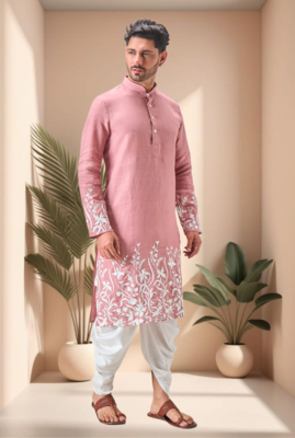 Pink linen embroidery dhoti kurta set 1
