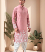 Pink linen embroidery dhoti kurta set