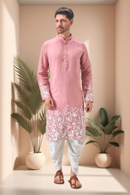 Pink linen embroidery dhoti kurta set 2