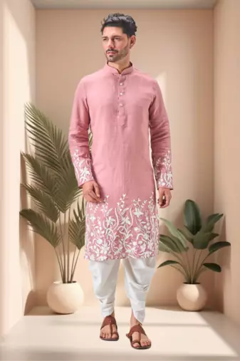 Pink linen embroidery dhoti kurta set