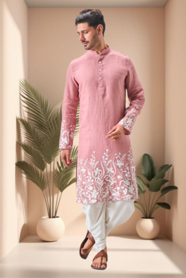 Pink linen embroidery dhoti kurta set 3
