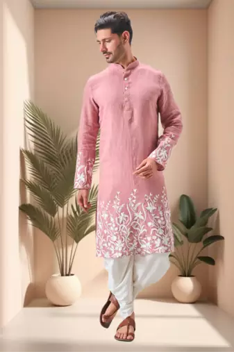 Pink linen embroidery dhoti kurta set