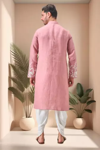 Pink linen embroidery dhoti kurta set