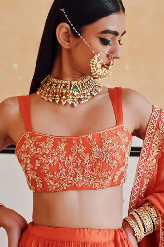 BROAD STEP EMBROIDERED BLOUSE WITH BUTTI EMBROIDERED LEHENGA AND DUPATTA