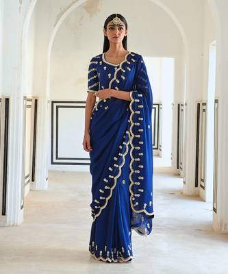 Royal blue scallop embroidered saree with raglan sleeve blouse 1
