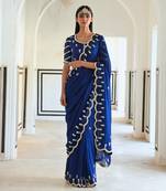 Royal blue scallop embroidered saree with raglan sleeve blouse