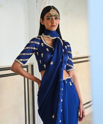 Royal blue scallop embroidered saree with raglan sleeve blouse 2