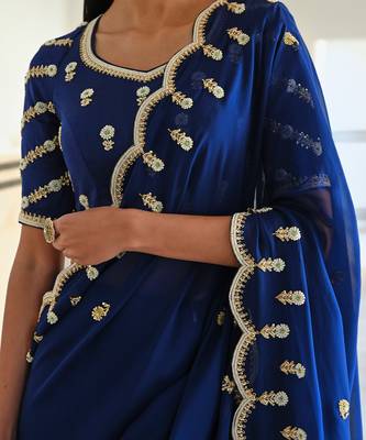 Royal blue scallop embroidered saree with raglan sleeve blouse 3