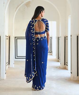 Royal blue scallop embroidered saree with raglan sleeve blouse 4