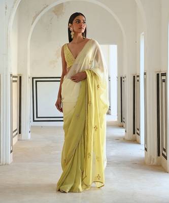 Ivory-olive ombre floral butti embroidered saree with blouse 1