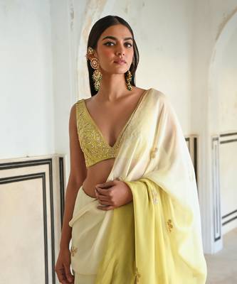 Ivory-olive ombre floral butti embroidered saree with blouse 2