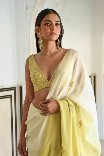 Ivory-olive ombre floral butti embroidered saree with blouse