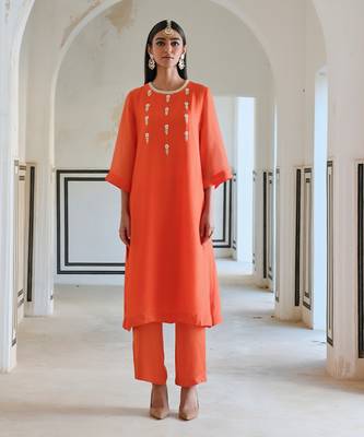 Bell sleeve yoke floral butti embroidered kurta with pants 1
