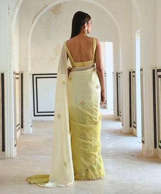 Ivory-olive ombre floral butti embroidered saree with blouse 3