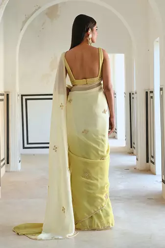 Ivory-olive ombre floral butti embroidered saree with blouse