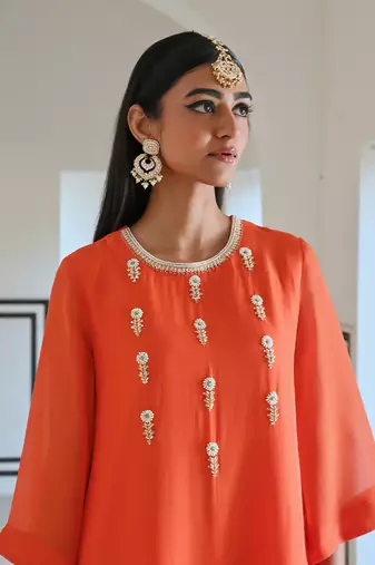 Bell sleeve yoke floral butti embroidered kurta with pants