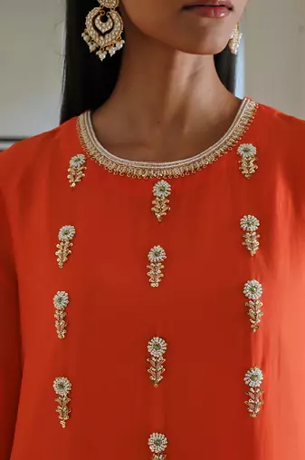 Bell sleeve yoke floral butti embroidered kurta with pants