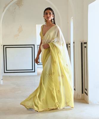 Ivory-olive ombre floral butti embroidered saree with blouse 4