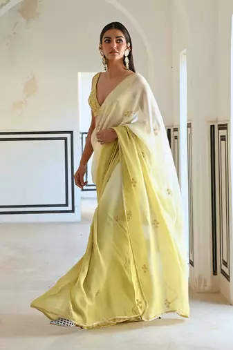 Ivory-olive ombre floral butti embroidered saree with blouse