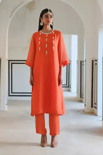 Bell sleeve yoke floral butti embroidered kurta with pants