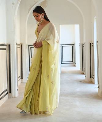Ivory-olive ombre floral butti embroidered saree with blouse 5