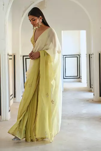 Ivory-olive ombre floral butti embroidered saree with blouse