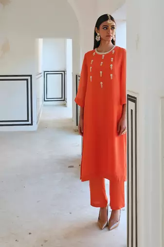 Bell sleeve yoke floral butti embroidered kurta with pants