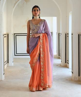 Lilac-orange ombre floral embroidered border saree with v-neck blouse 1